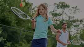 Moving image- girl playing tennis, man boxing and family playing in the swimming pool. 